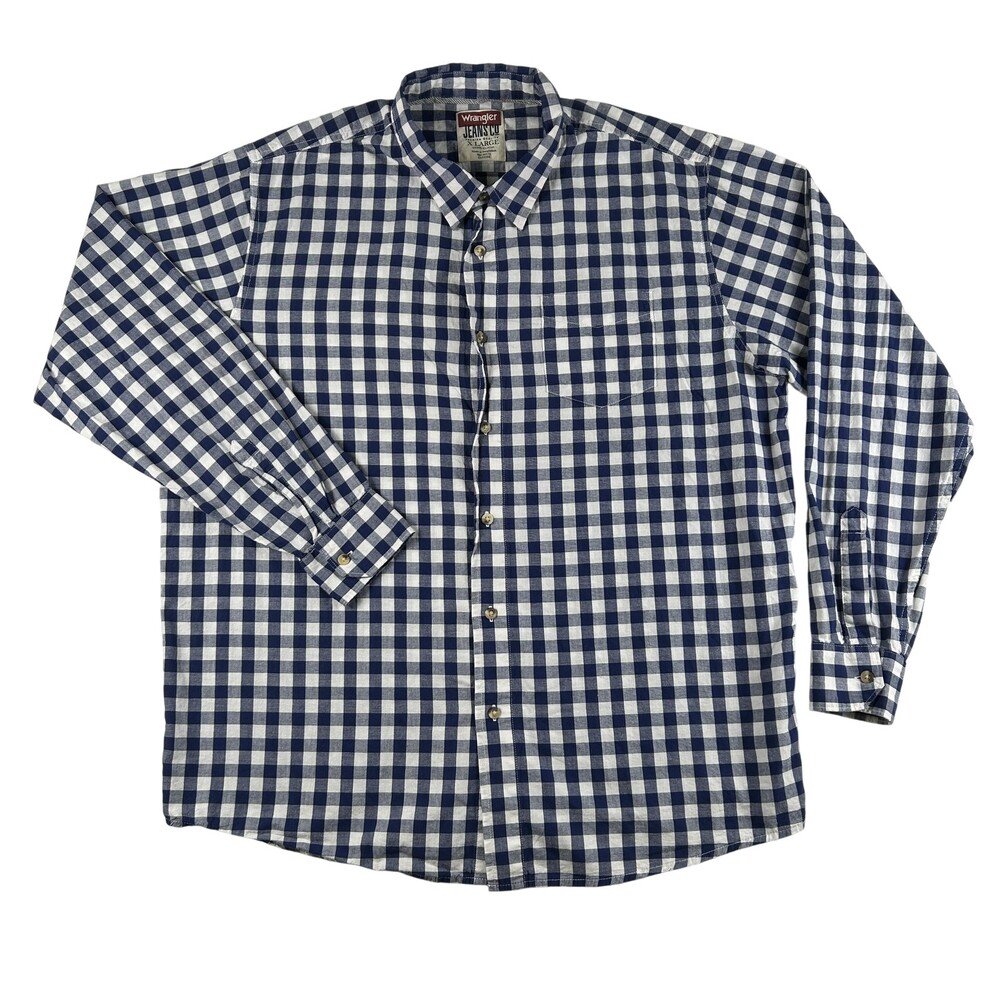 Wrangler Shirt Mens XL Blue Check Long Sleeve Button Up Cotton Casual Woven